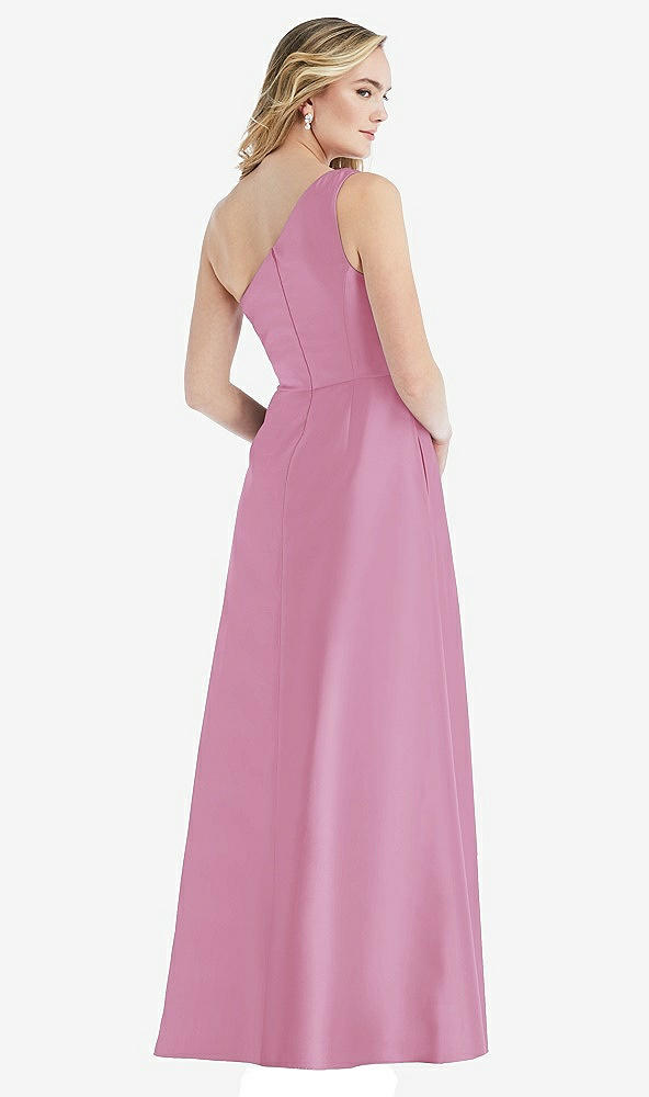 Back View - Powder Pink Pleated Draped One-Shoulder Satin Maxi Dress with Pockets