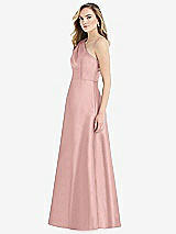 Side View Thumbnail - Rose - PANTONE Rose Quartz Pleated Draped One-Shoulder Satin Maxi Dress with Pockets