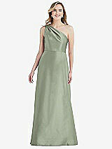 Front View Thumbnail - Sage Pleated Draped One-Shoulder Satin Maxi Dress with Pockets