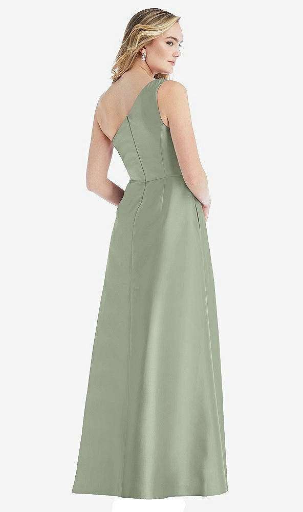 Back View - Sage Pleated Draped One-Shoulder Satin Maxi Dress with Pockets