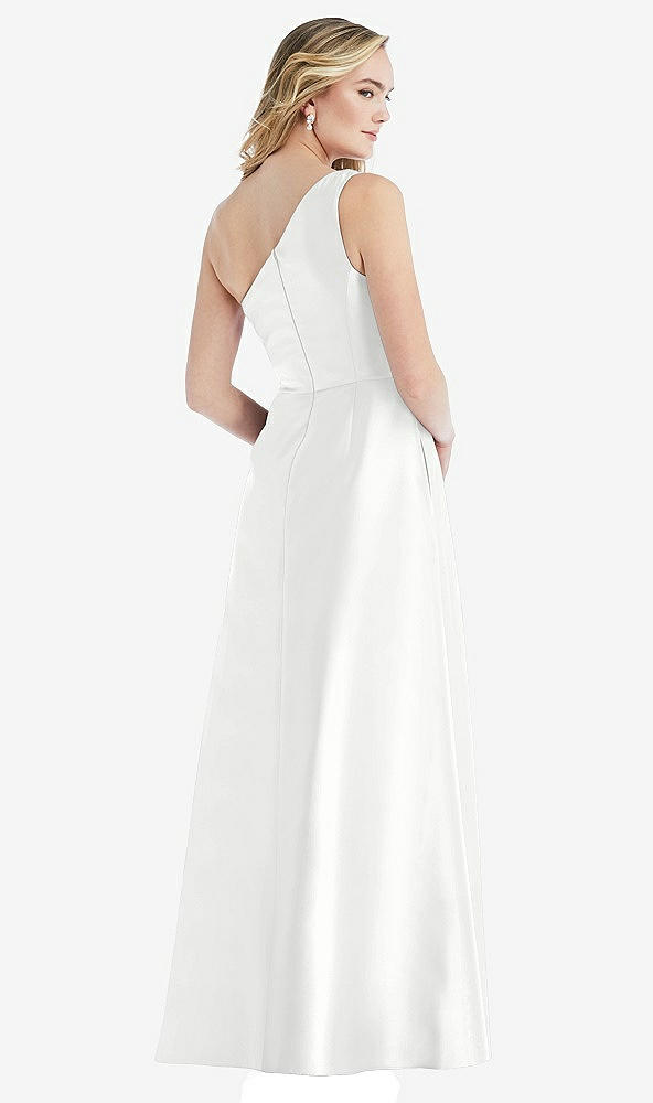 Back View - White Pleated Draped One-Shoulder Satin Maxi Dress with Pockets