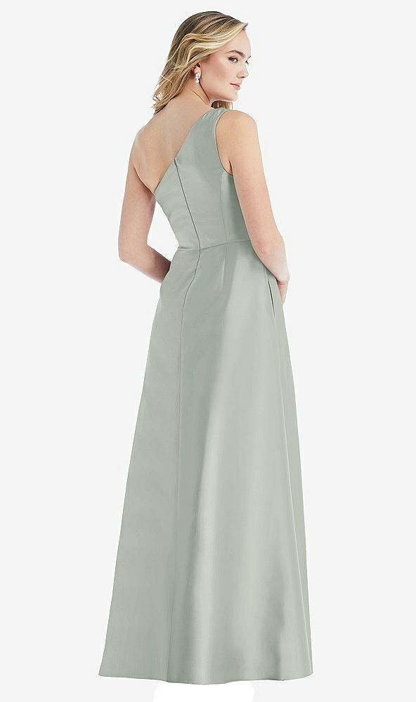 Back View - Willow Green Pleated Draped One-Shoulder Satin Maxi Dress with Pockets