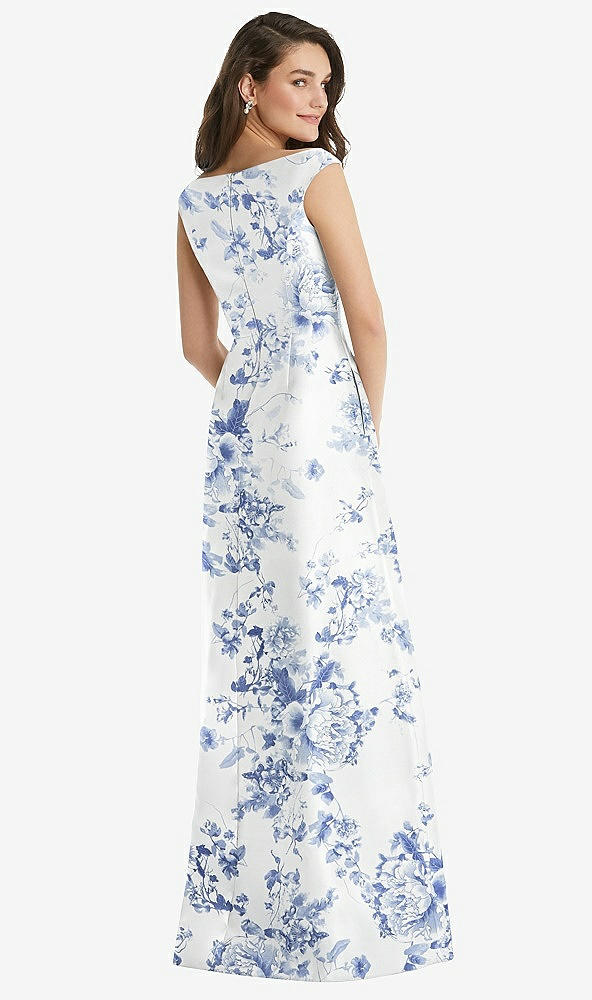 Back View - Cottage Rose Larkspur Off-the-Shoulder Draped Wrap Floral Satin Maxi Dress