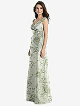 Side View Thumbnail - Sage Cottage Rose Off-the-Shoulder Draped Wrap Floral Satin Maxi Dress