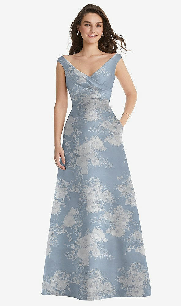 Front View - Porcelain Blue Seraphina Floral Off-the-Shoulder Draped Wrap Floral Satin Maxi Dress