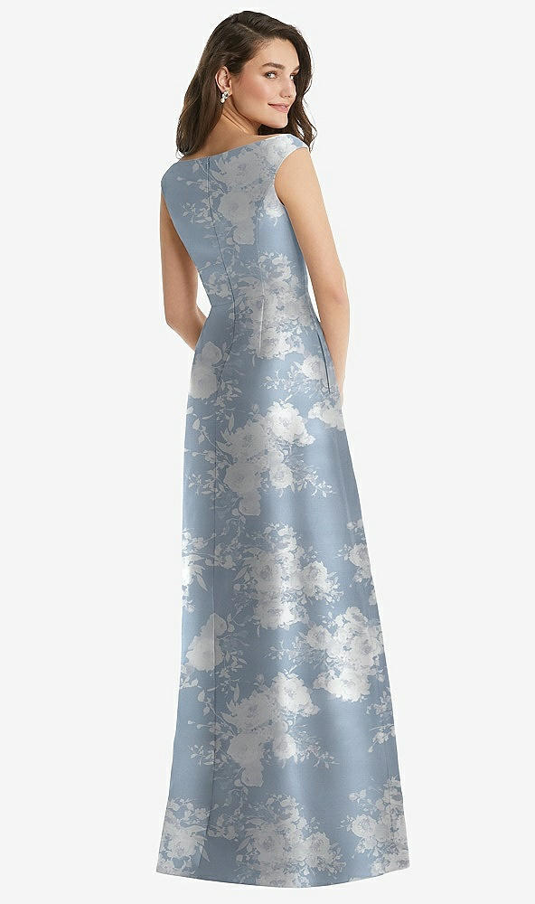 Back View - Porcelain Blue Seraphina Floral Off-the-Shoulder Draped Wrap Floral Satin Maxi Dress