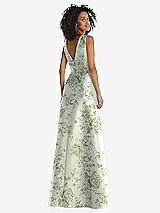 Rear View Thumbnail - Sage Cottage Rose Jewel Neck Asymmetrical Shirred Bodice Floral Satin Maxi Dress