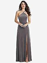 Front View Thumbnail - Caviar Gray High Neck Halter Open-Back Velvet Dress - Alix