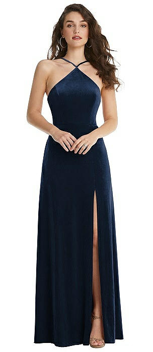 High Neck Halter Open-Back Velvet Dress - Alix