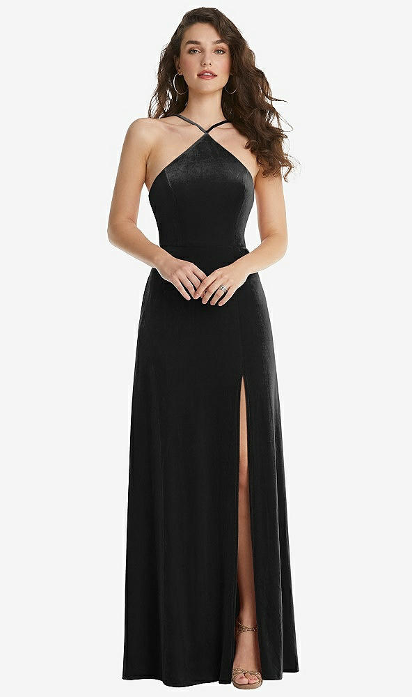 Front View - Black High Neck Halter Open-Back Velvet Dress - Alix