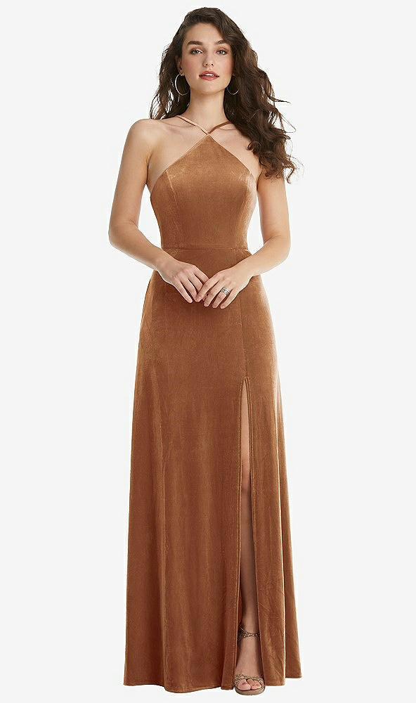 Front View - Golden Almond High Neck Halter Open-Back Velvet Dress - Alix