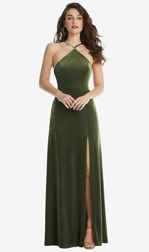 Front View - Olive Green High Neck Halter Open-Back Velvet Dress - Alix