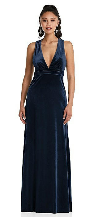 Plunging Neckline Velvet Maxi Dress with Criss Cross Open-Back