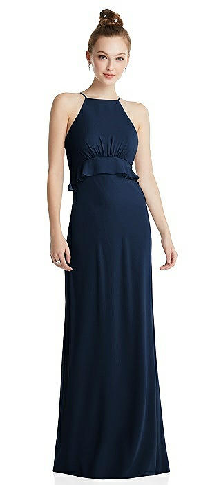 Bias Ruffle Empire Waist Halter Maxi Dress with Adjustable Straps