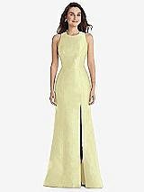 Front View Thumbnail - Butter Yellow Jewel Neck Bowed Open-Back Trumpet Dress with Front Slit