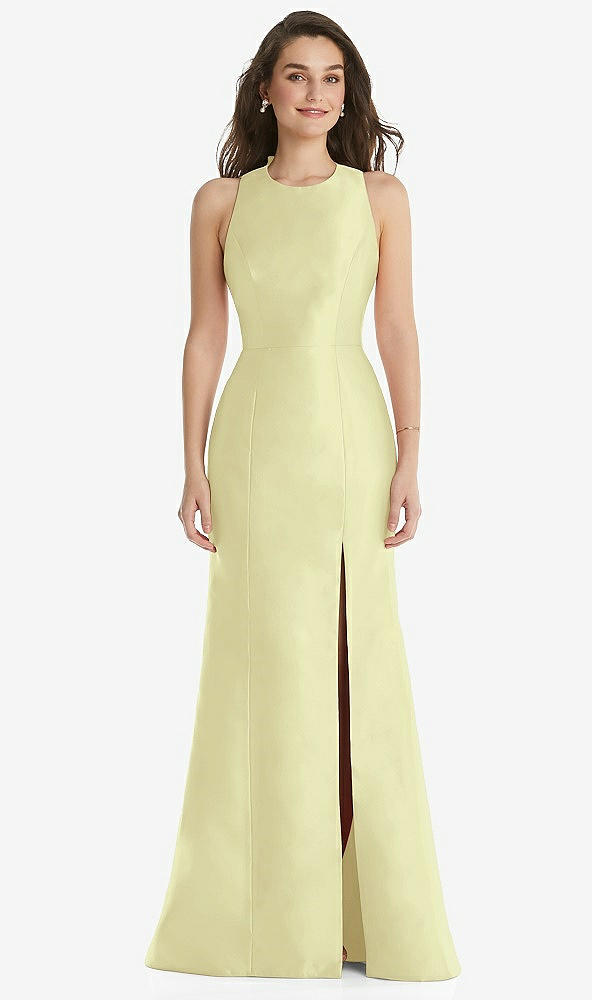 Front View - Butter Yellow Jewel Neck Bowed Open-Back Trumpet Dress with Front Slit