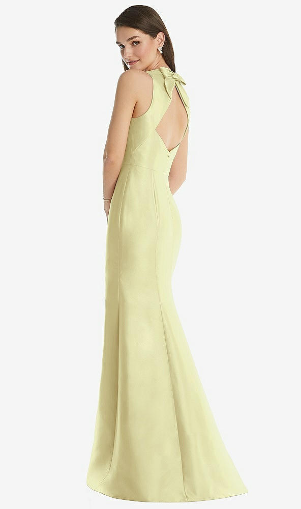 Back View - Butter Yellow Jewel Neck Bowed Open-Back Trumpet Dress with Front Slit