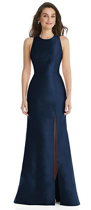 Jewel Neck Bowed Open-Back Trumpet Dress with Front Slit