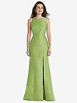 Front View Thumbnail - Mojito Jewel Neck Bowed Open-Back Trumpet Dress with Front Slit