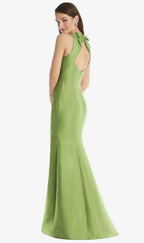 Back View - Mojito Jewel Neck Bowed Open-Back Trumpet Dress with Front Slit