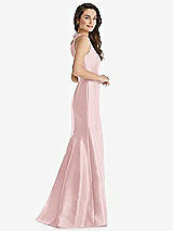 Side View Thumbnail - Ballet Pink Jewel Neck Bowed Open-Back Trumpet Dress with Front Slit