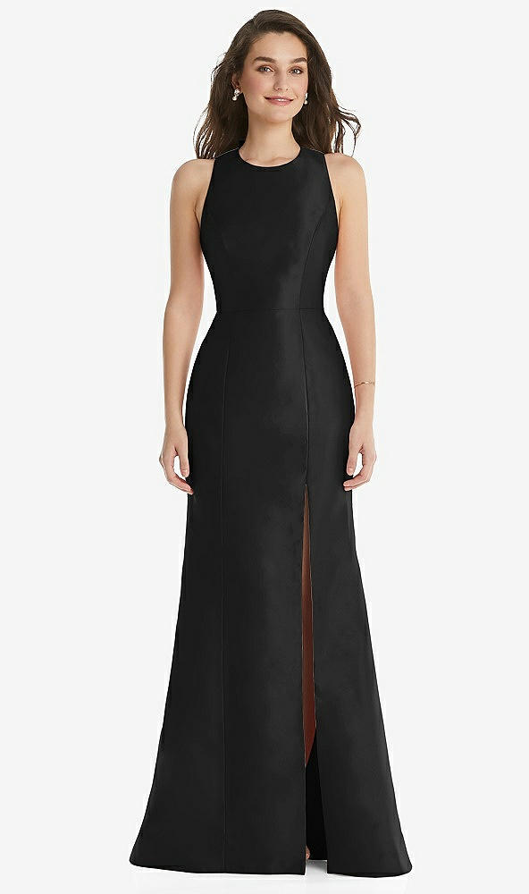 Front View - Black Jewel Neck Bowed Open-Back Trumpet Dress with Front Slit