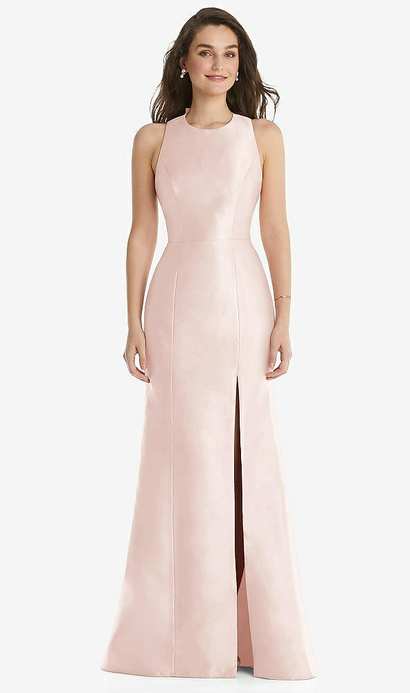 Front View - Blush Jewel Neck Bowed Open-Back Trumpet Dress with Front Slit