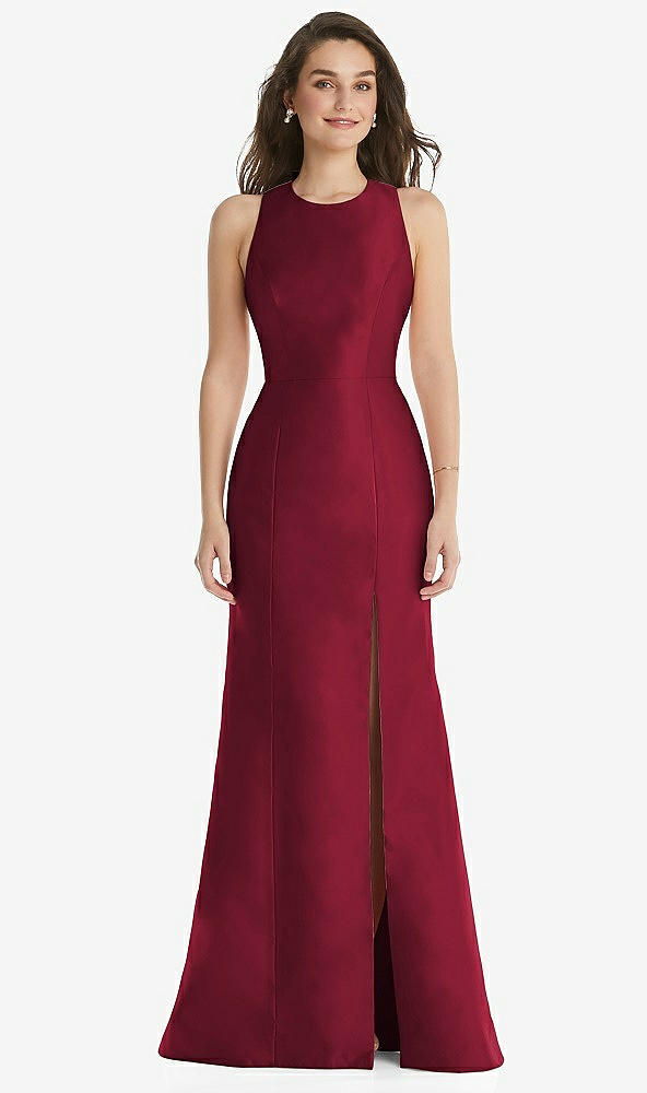 Front View - Burgundy Jewel Neck Bowed Open-Back Trumpet Dress with Front Slit