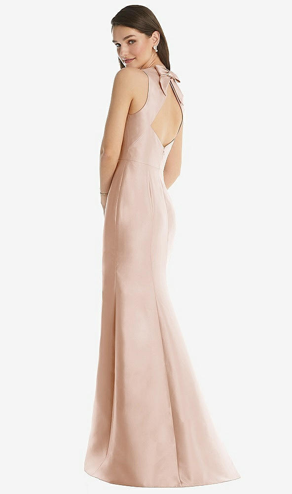 Back View - Cameo Jewel Neck Bowed Open-Back Trumpet Dress with Front Slit