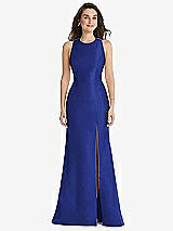 Front View Thumbnail - Cobalt Blue Jewel Neck Bowed Open-Back Trumpet Dress with Front Slit