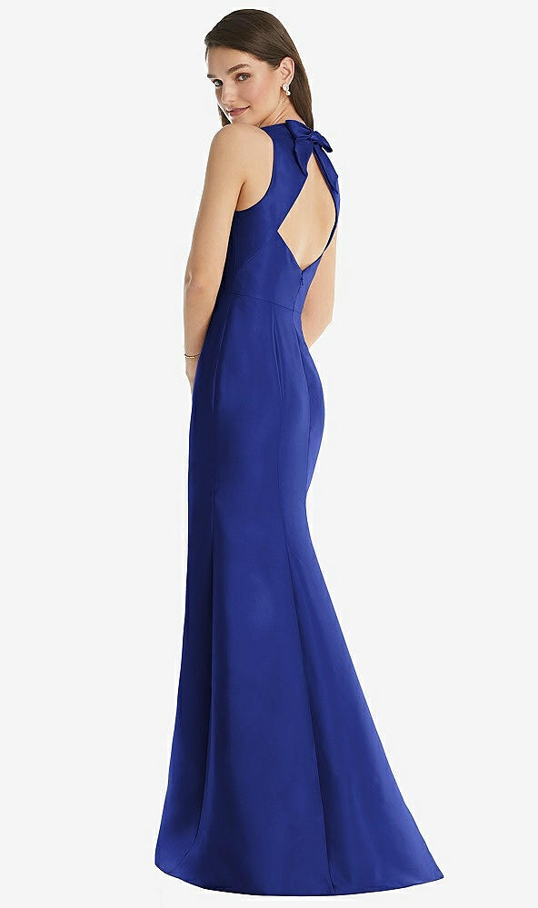 Back View - Cobalt Blue Jewel Neck Bowed Open-Back Trumpet Dress with Front Slit