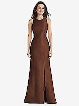 Front View Thumbnail - Cognac Jewel Neck Bowed Open-Back Trumpet Dress with Front Slit