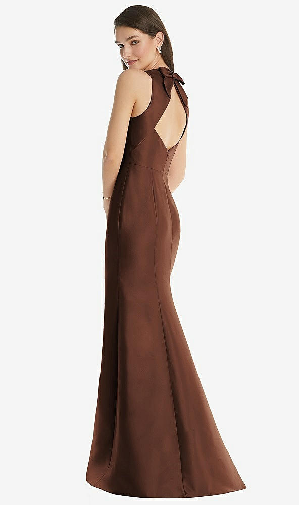 Back View - Cognac Jewel Neck Bowed Open-Back Trumpet Dress with Front Slit