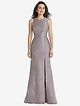 Front View Thumbnail - Cashmere Gray Jewel Neck Bowed Open-Back Trumpet Dress with Front Slit