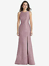 Front View Thumbnail - Dusty Rose Jewel Neck Bowed Open-Back Trumpet Dress with Front Slit