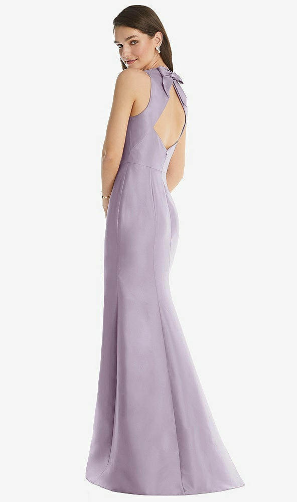 Back View - Lilac Haze Jewel Neck Bowed Open-Back Trumpet Dress with Front Slit