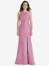 Front View Thumbnail - Powder Pink Jewel Neck Bowed Open-Back Trumpet Dress with Front Slit