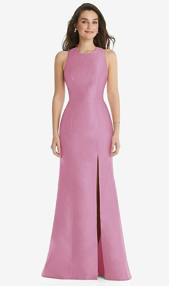 Front View - Powder Pink Jewel Neck Bowed Open-Back Trumpet Dress with Front Slit