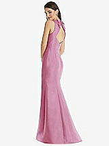 Rear View Thumbnail - Powder Pink Jewel Neck Bowed Open-Back Trumpet Dress with Front Slit