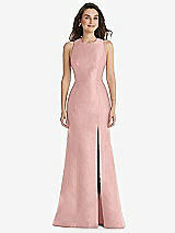 Front View Thumbnail - Rose - PANTONE Rose Quartz Jewel Neck Bowed Open-Back Trumpet Dress with Front Slit