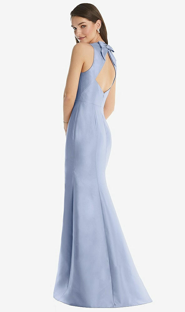 Back View - Sky Blue Jewel Neck Bowed Open-Back Trumpet Dress with Front Slit