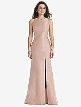 Front View Thumbnail - Toasted Sugar Jewel Neck Bowed Open-Back Trumpet Dress with Front Slit