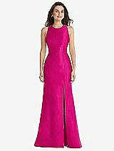 Front View Thumbnail - Think Pink Jewel Neck Bowed Open-Back Trumpet Dress with Front Slit