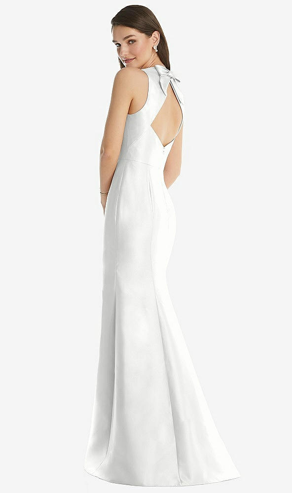 Back View - White Jewel Neck Bowed Open-Back Trumpet Dress with Front Slit