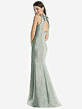 Rear View Thumbnail - Willow Green Jewel Neck Bowed Open-Back Trumpet Dress with Front Slit