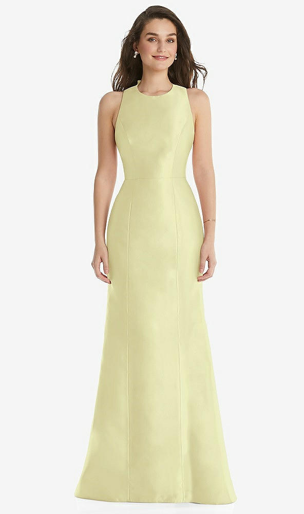 Front View - Butter Yellow Jewel Neck Bowed Open-Back Trumpet Dress 