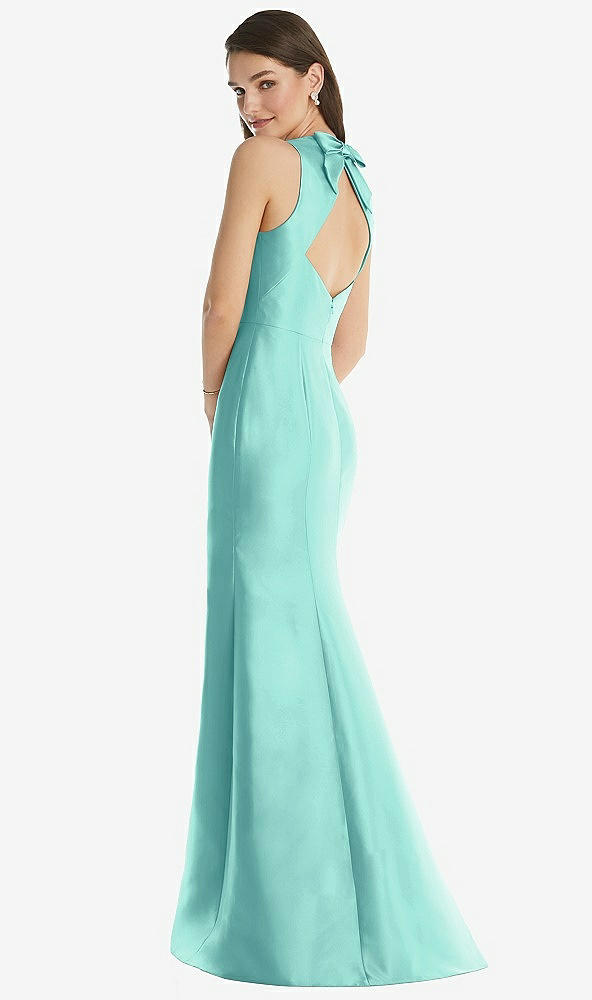 Back View - Coastal Jewel Neck Bowed Open-Back Trumpet Dress 