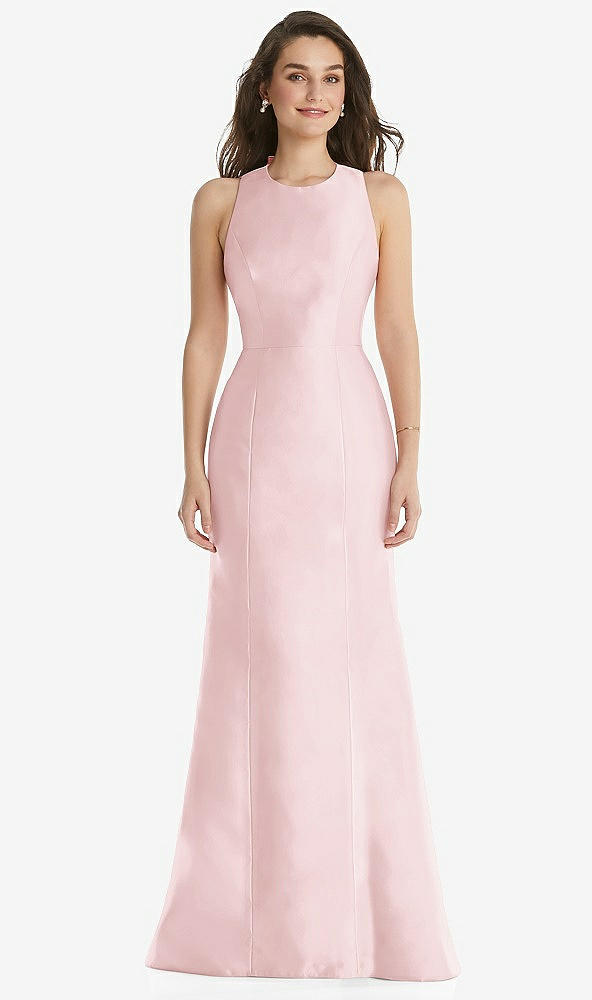 Front View - Ballet Pink Jewel Neck Bowed Open-Back Trumpet Dress 