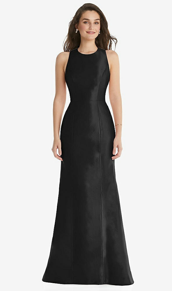 Front View - Black Jewel Neck Bowed Open-Back Trumpet Dress 