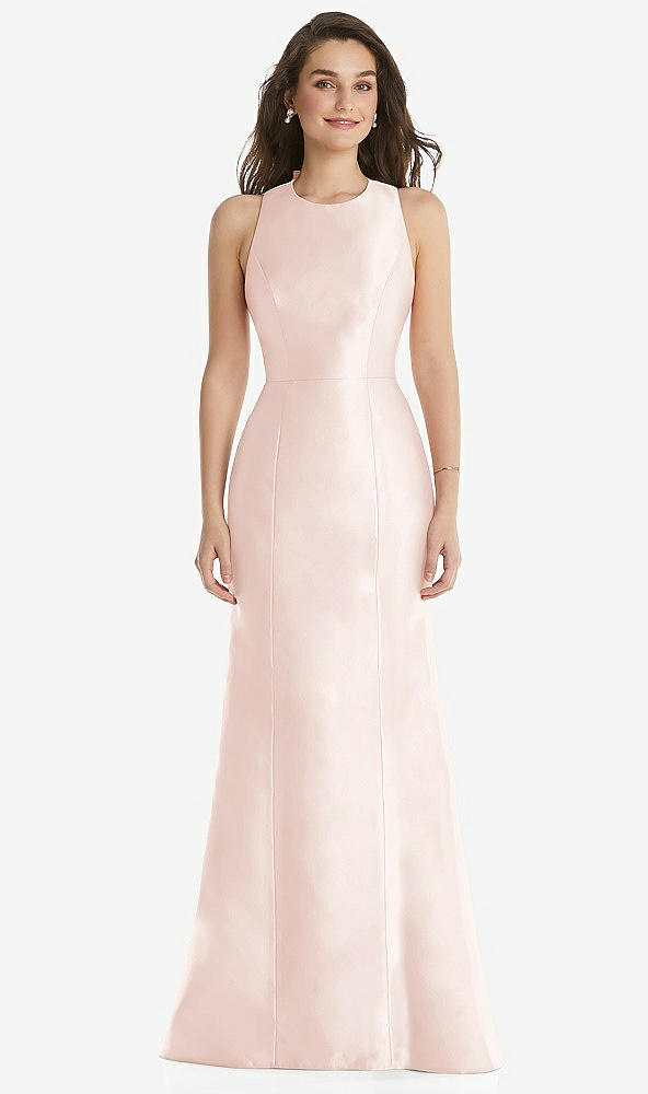 Front View - Blush Jewel Neck Bowed Open-Back Trumpet Dress 